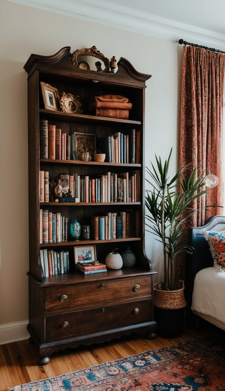 An antique wooden bookshelf filled with eclectic items in a boho bedroom