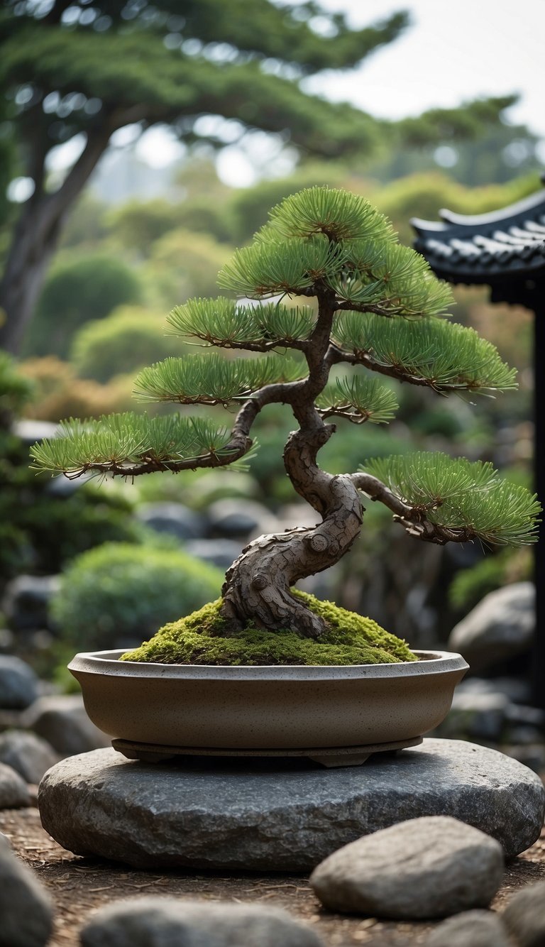 A pine bonsai sits on a rock in a tranquil Japanese garden, surrounded by carefully placed stones and raked gravel. The garden is designed with traditional elements such as lanterns, bamboo, and a small water feature