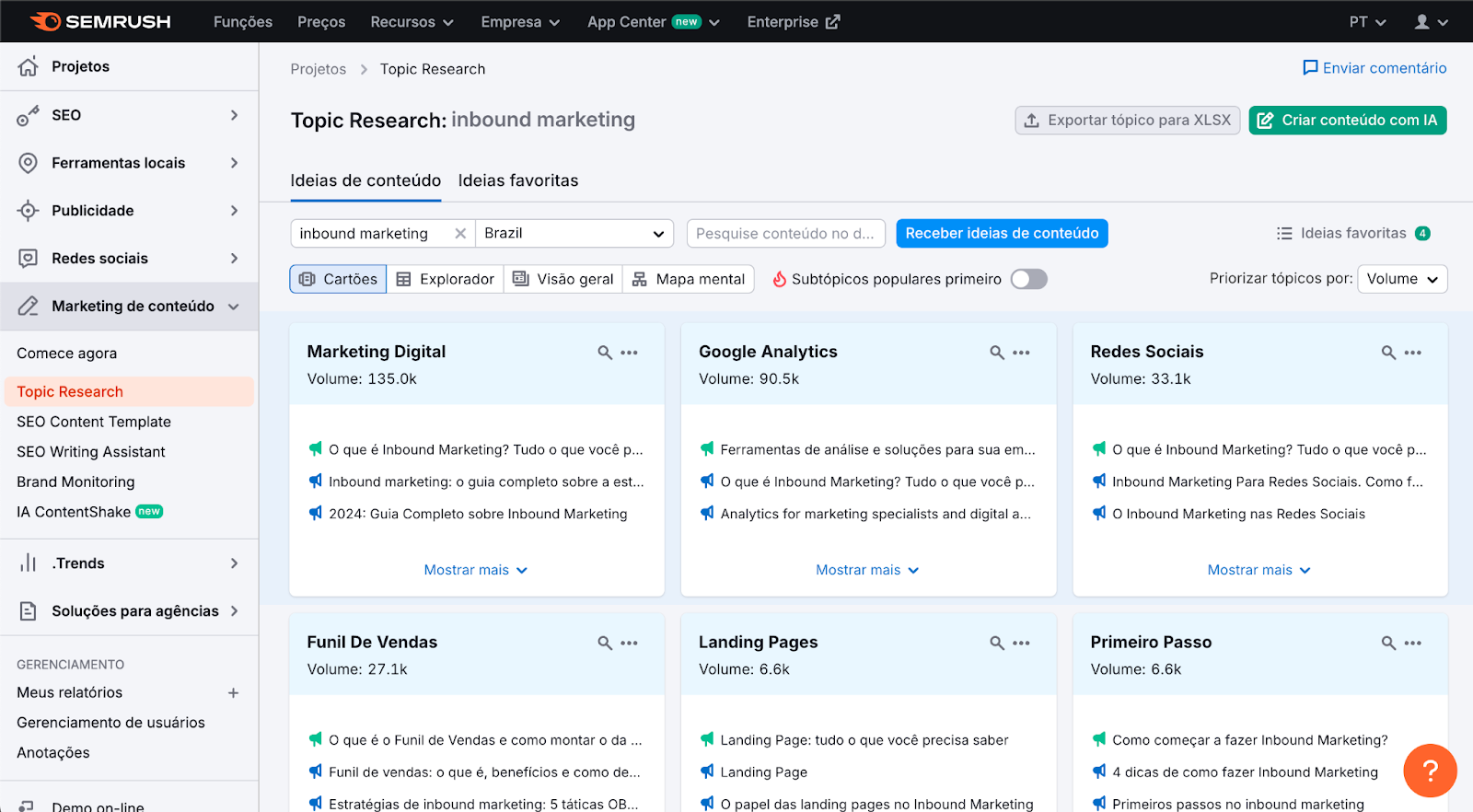 Tópic Research na Semrush

