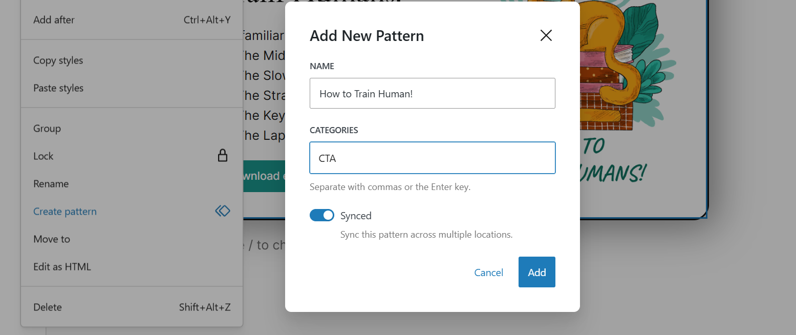 Setting the filled-in CTA block as a synced pattern by clicking the 