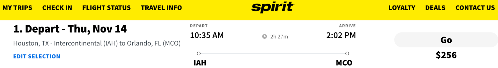 Screenshot of Spirit flight from Houston to Orlando for $256