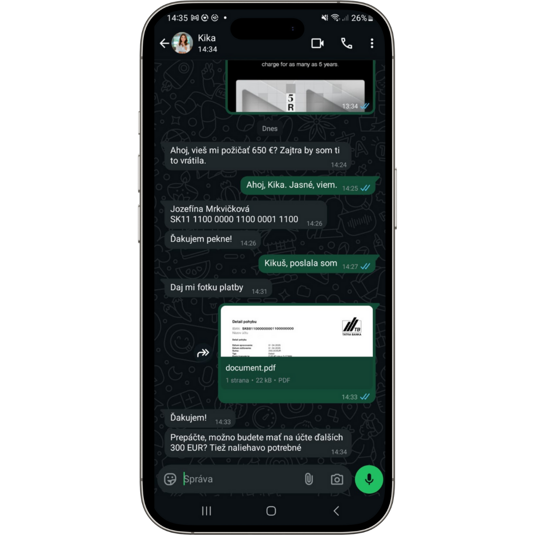 podvody chat whatsapp pozicka