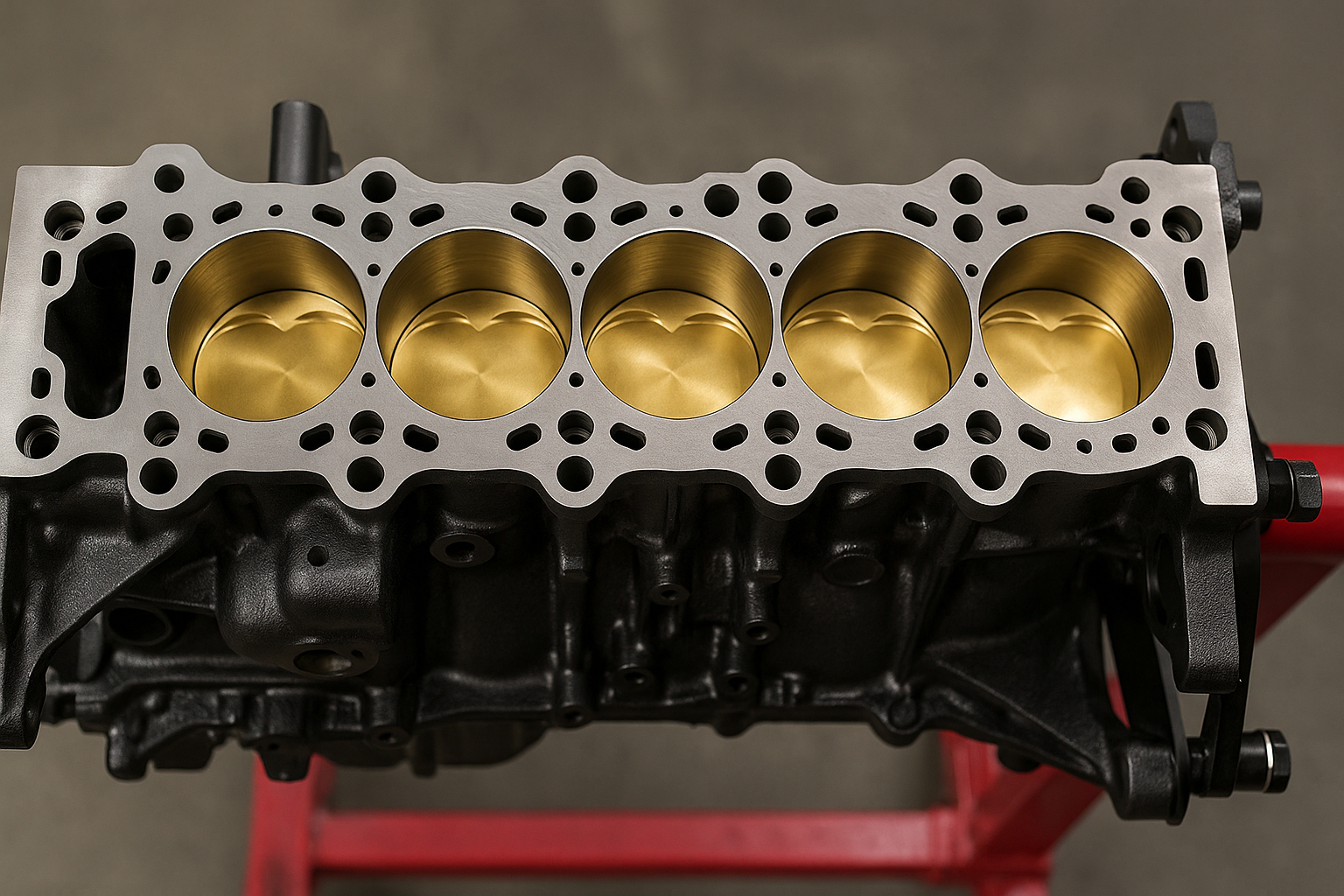 Toyota 2JZ-GTE engine block and rotating assembly, showcasing the closed-deck cast-iron design and forged steel crankshaft