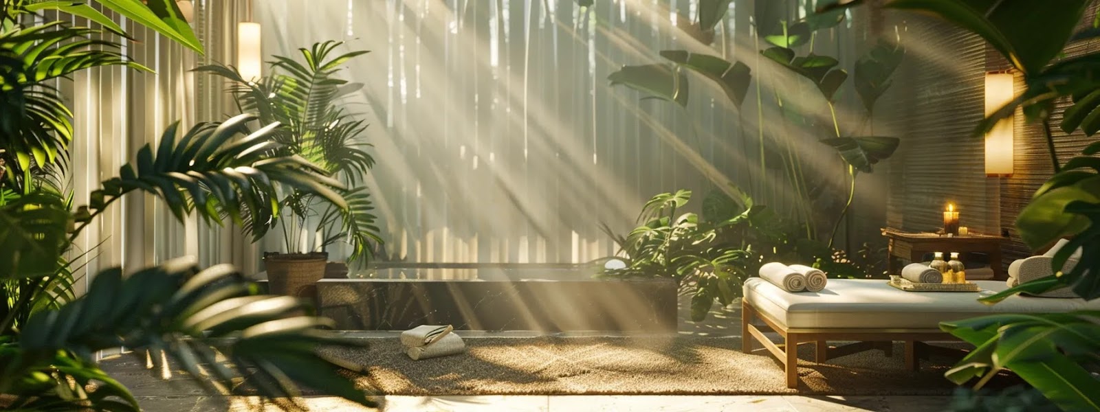 a serene spa room with modern decor, soft lighting, and lush green plants, creating a tranquil and inviting atmosphere for relaxation and rejuvenation.