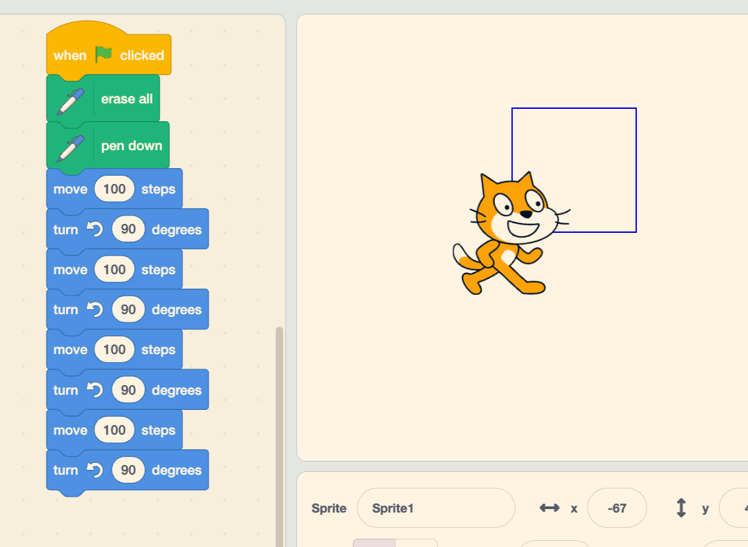 Drawing a square in scratch