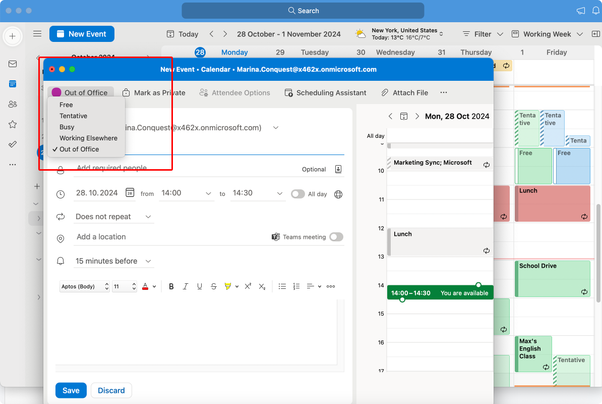 Pic. 1. Navigating to the “Out of the Office” status in Outlook for Mac when creating a new event. 