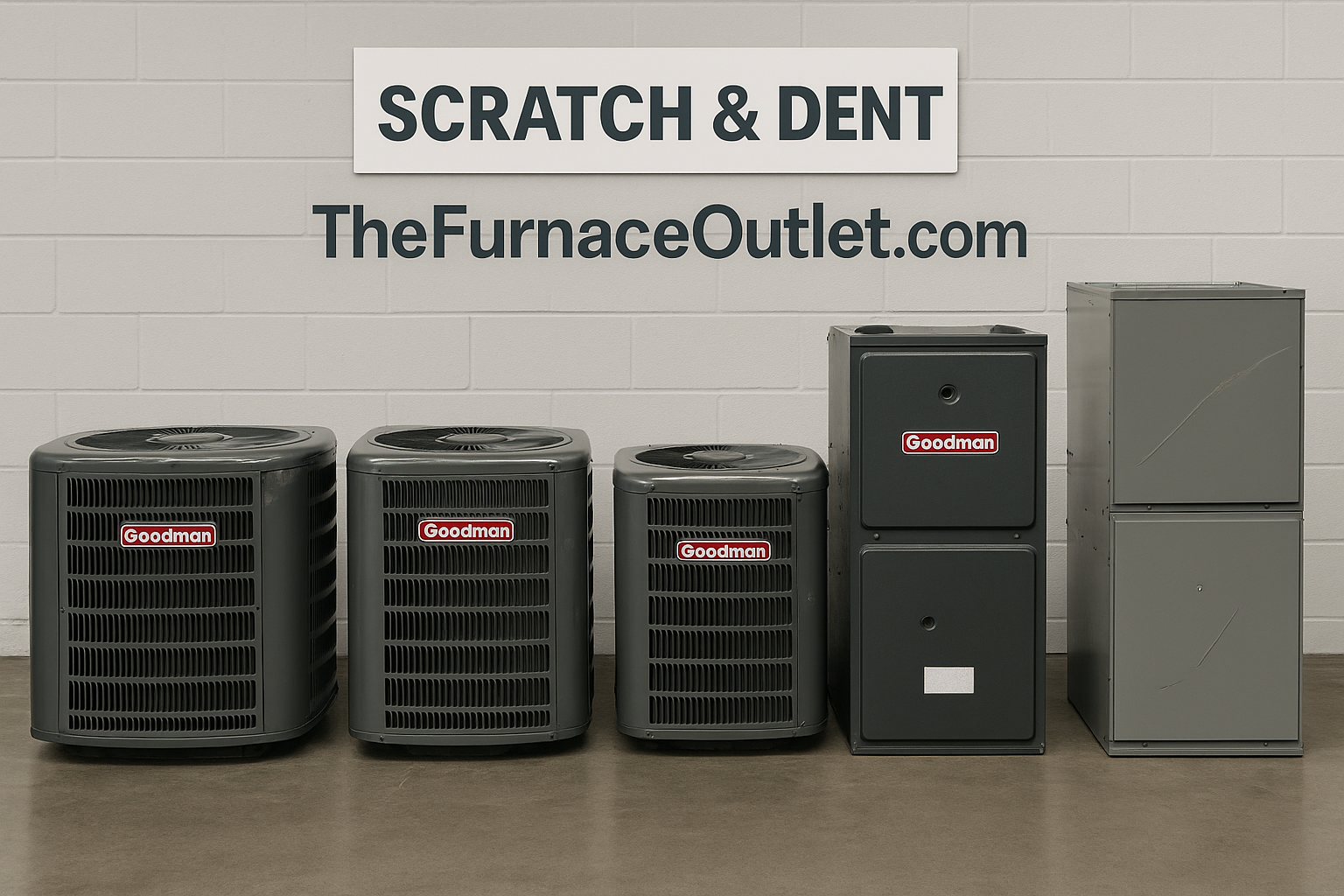 A photograph showcases five HVAC units, designated as "Scratch & Dent," including three Goodman AC condensers, a Goodman furnace, and a scratched unbranded air handler, arranged neatly with TheFurnaceOutlet.com branding on a light gray wall.