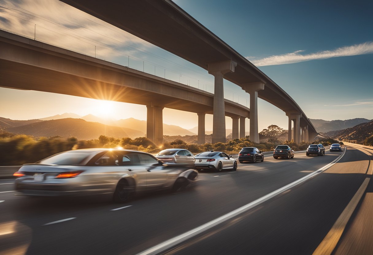 Cars on a busy California highway, one swerving to avoid a distracted driver, another rear-ending a car due to tailgating