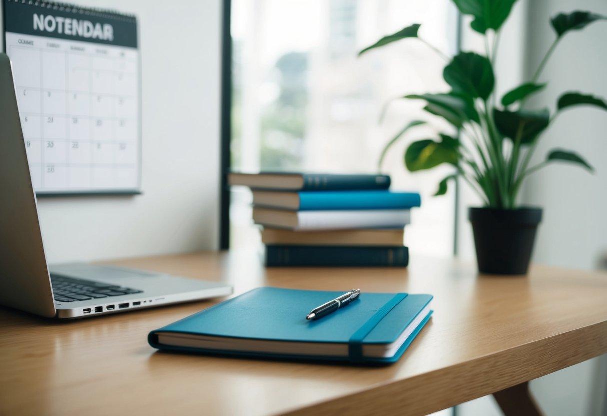 A desk with a laptop, notebook, and pen. A calendar on the wall. A stack of books and a plant in the background