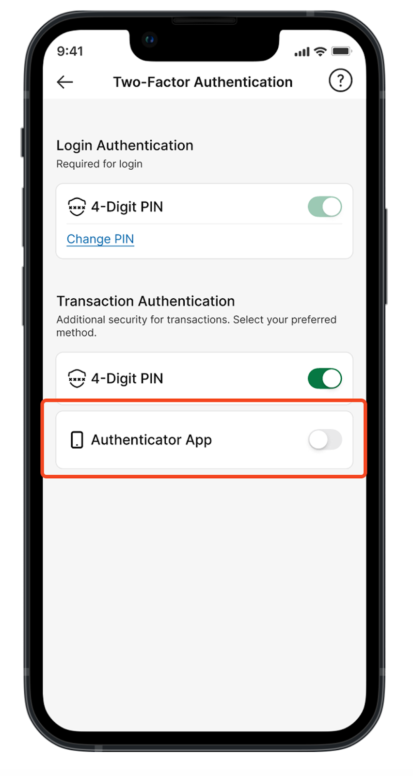 An app screen showing the option of picking the authenticator app for 2FA.