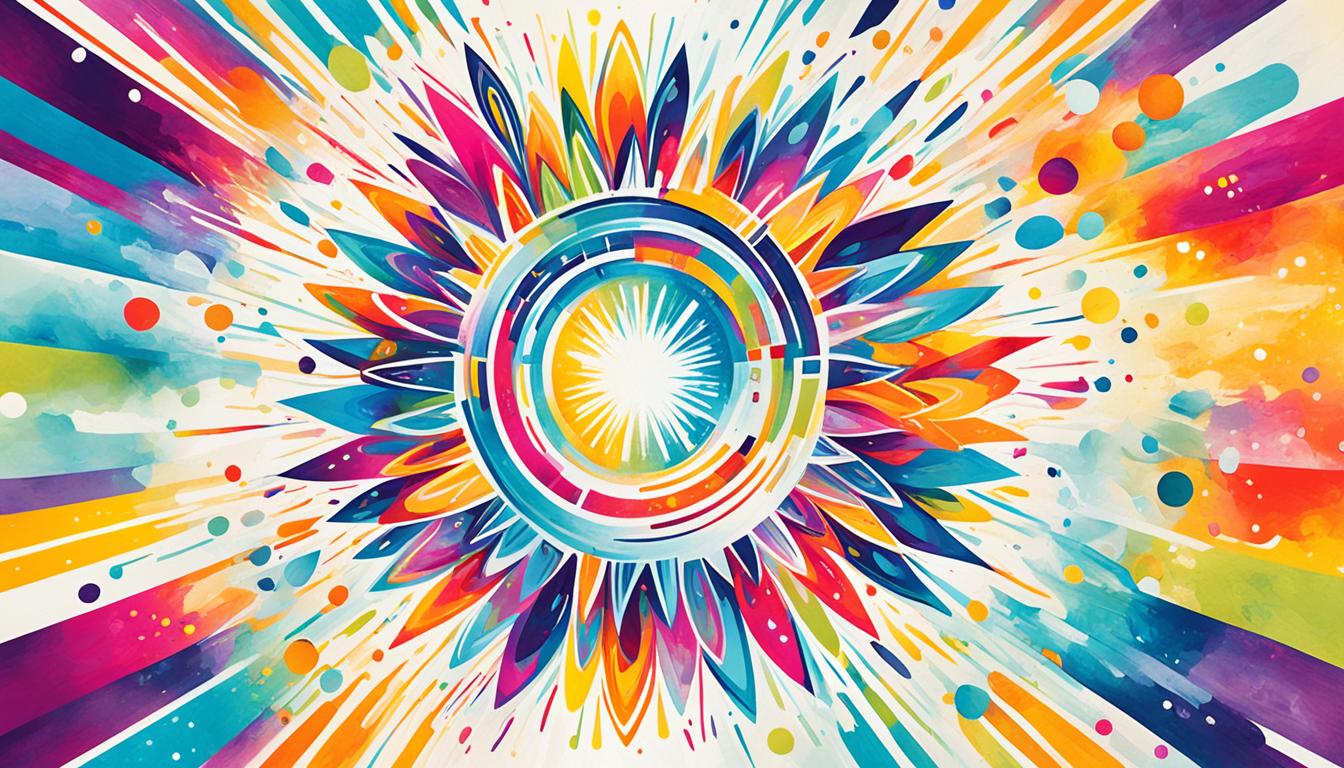 A burst of colorful energy emanating from the center of the image, surrounded by swirling patterns and shapes that represent positivity and self-belief.