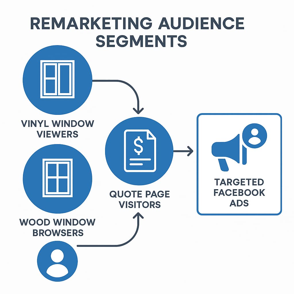 Window installation remarketing audience segmentation showing different visitor types for targeted Facebook advertising.