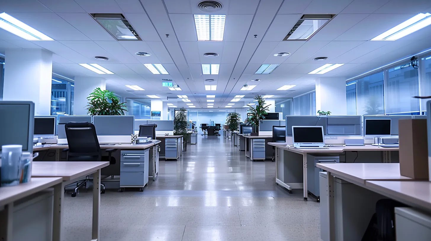 a pristine office space gleams under bright led lighting, showcasing organized desks and spotless surfaces that highlight the transformative benefits of a thorough professional deep clean.