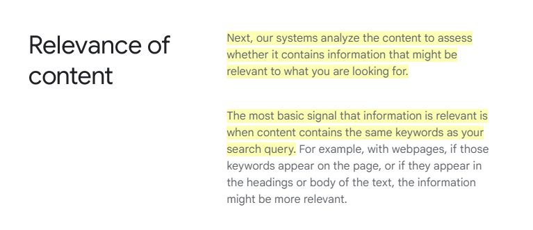 Keyword content relevance guidelines by Google