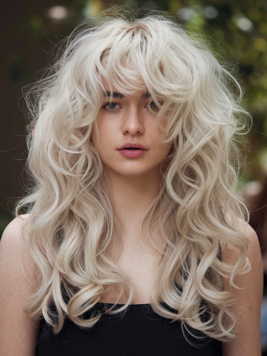 16. Voluminous Curly Platinum Lob