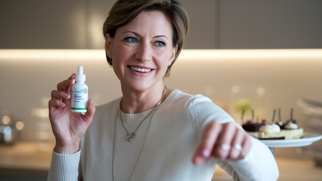 Create a realistic image of a smiling middle-aged white female holding a bottle of KeySlim Drops in one hand while confidently pushing away a plate of tempting desserts with the other, demonstrating control over food cravings in a modern kitchen with soft natural lighting, showcasing the appetite control benefits of the product.