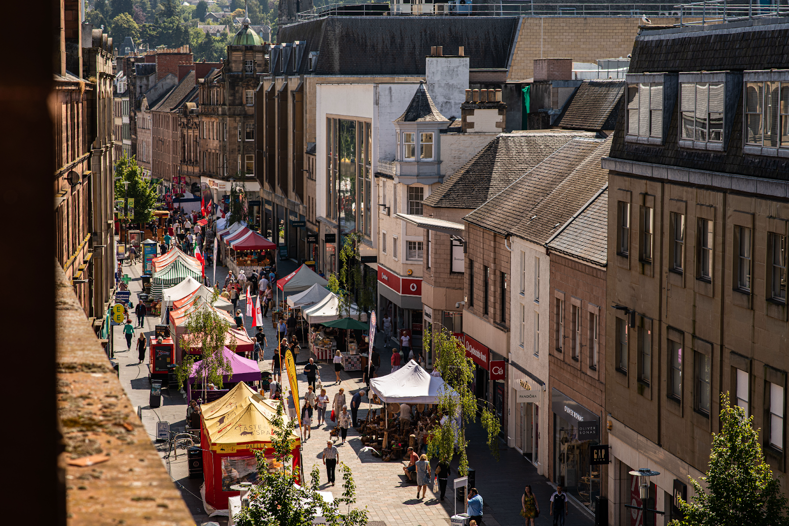 Aerial view of Perth, Perthshire with the bustling Continental Market on Perth High Street.