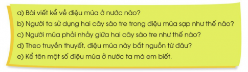 BÀI 19: ÔN TẬP CUỐI HỌC KÌ 1TIẾT 1Câu 1: Đánh giá kỹ năng đọc thành tiếng, học thuộc lòng: Mỗi học sinh đọc một đoạn văn, đoạn thơ khoảng 75-80 tiếng hoặc đọc thuộc lòng một đoạn thơ (bài thơ) đã học.Giải nhanh: Học sinh tự thực hiện.Câu 2: Tìm từ có nghĩa giống mỗi từ dưới đây. Đặt câu với một từ em tìm được.Giải nhanh: a) đất nước: quốc gia, giang sơn, quê hương, tổ quốc.b) yêu dấu: yêu mến, thương yêu, quý mến, mến thương, dấu yêu,...c) chăm chỉ: siêng năng, cần cù, chịu khó,...Đặt câu: Bạn Na rất chăm chỉ làm bài tập về nhà.Câu 3: Chọn từ có nghĩa trái ngược với từ in đậm để hoàn thành các câu dưới đây:Giải nhanh:a) Trên kính dưới nhường b) Hẹp nhà rộng bụngc) Tuổi nhỏ chí lớnd) Anh em như thể chân tayRách lành đùm bọc, dở hay đỡ đầnTIẾT 2Câu 1: Đánh giá kĩ năng đọc thành tiếng, học thuộc lòng.Giải nhanh:Học sinh tự thực hiện.Câu 2: Đọc và làm bài tập:1. Tết năm mới của người Lào được gọi là gì? 2. Vì sao người dân Lào có tục lệ té nước cho nhau vào đầu năm mới?3. Người dân Lào buộc chỉ cổ tay cho khách để làm gì?4. Các tục lệ té nước, buộc chỉ cổ tay thể hiện đực tính gì của người dân Lào? Chọn ý đúng:5. Chọn dấu câu thích hợp với ô trống: dấu chấm hay dấu phẩy?Giải nhanh:1. Bun-pi-may.2. Vì người Lào cho rằng nước gột rửa hết mọi ưu phiền, bệnh tật và đem đến một năm mới mạnh khỏe, an lành và hạnh phúc.3. Để chúc người được buộc chỉ mạnh khỏe, hạnh phúc.4. a) Nhân hậu5. Chọn dấu câu thích hợp với ô trống: dấu chấm hay dấu phẩy.Tết Bun-pi-may diễn ra vào giữa tháng 4 dương lịch hàng năm, khi bầu trời xanh cao, các dòng sông lớn dồi dào nước tượng trưng cho một năm mới nhiều lộc. Người dân đón Tết trong ba ngày. Ngày đầu, người ta quét dọn nhà cửa, chuẩn bị nước thơm và hòa. Ngày thứ hai là giao thời giữa năm cũ và năm mới. Hội bắt đầu vào ngày cuối với nhiều hoạt động tưng bừng khắp nơi.TIẾT 3Câu 1: Đánh giá kĩ năng đọc thành tiếng, học thuộc lòng.Giải nhanh:Học sinh tự thực hiện.Câu 2: Viết đoạn văn kể về một hoạt động em đã được tham gia hoặc chứng kiến (hoạt động học tập hoặc lao động, thể thao, nghệ thuật,...)Giải nhanh: Cuối tuần vừa rồi, em đã được tham gia vệ sinh khu phố. Hoạt động lần này có bác tổ trưởng tổ dân phố, các anh chị tình nguyện và các bạn học sinh chúng em cùng thực hiện. Bác tổ trưởng tổ dân phố đứng ra tập trung rồi phân công công việc cho mọi người. Các anh chị lớn làm những việc nặng như thu góp rác, dọn dẹp rác thải, đồ cũ. Học sinh chúng em thì làm những việc nhẹ như quét dọn đường phố, tưới cây xanh. Mọi người đều rất hăng say và nhiệt tình với công việc được giao. Chỉ sau khoảng một tiếng đồng hồ, cả khu phố như được khoác lên mình một chiếc áo mới. Em rất vui vì được góp một phần nhỏ bé làm cho khu phố xanh – sạch – đẹp hơn.TIẾT 4Câu 1: Đánh giá kĩ năng đọc thành tiếng và thuôc lòngGiải nhanh:Học sinh tự thực hiện.Câu 2: Nghe - viết:  Rừng xuân