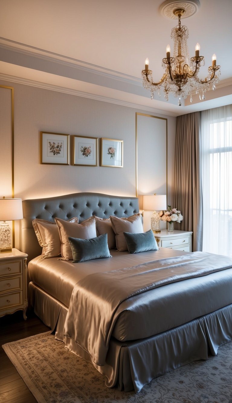 A luxurious master bedroom with silk bed sheets, soft lighting, and romantic decor