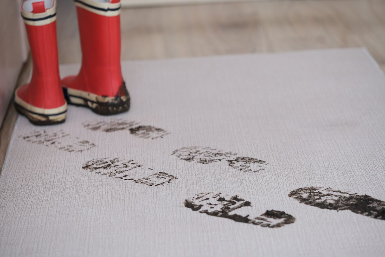 Muddy footprints on rug