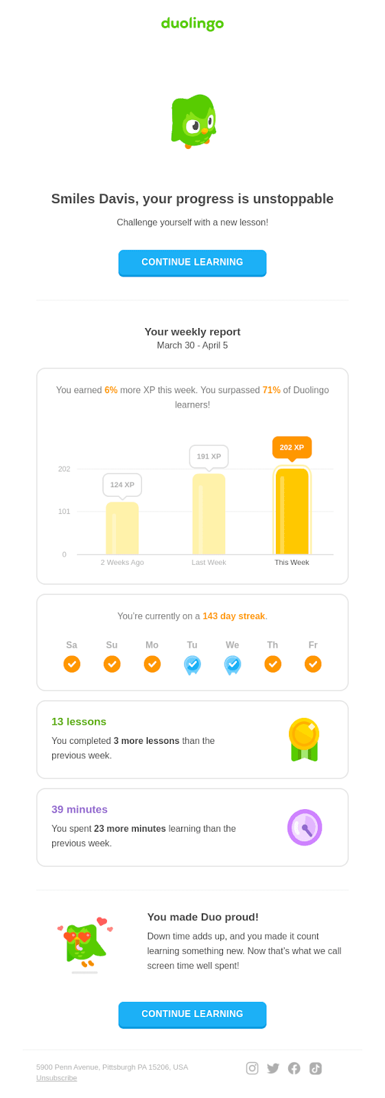 Duolingo email example of a good body copy