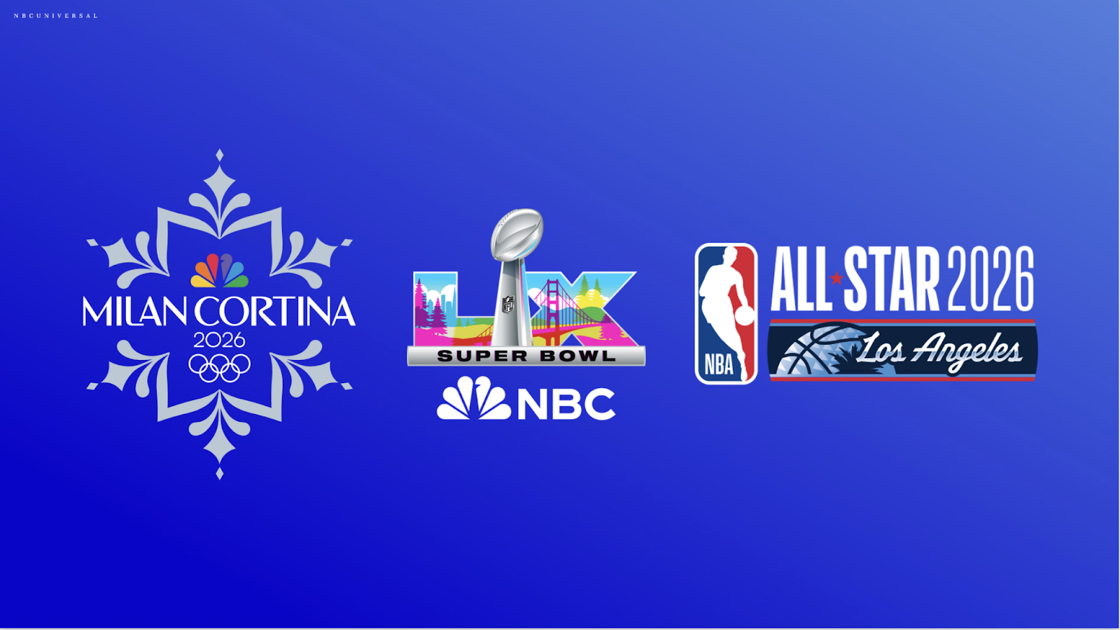 Logos for Milan Cortina, Super Bowl, and NBA All Stars
