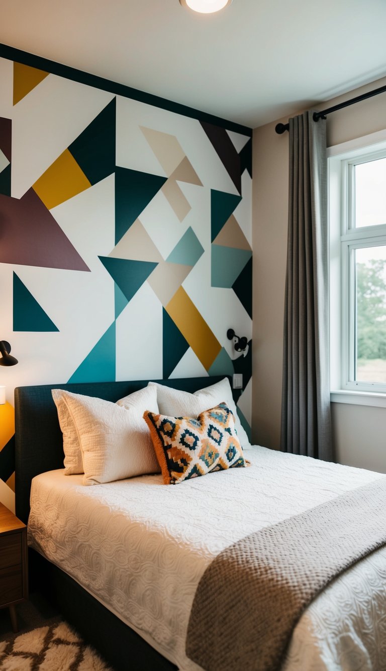 A cozy guest bedroom with geometric wall decals in various colors and shapes, creating a modern and inviting atmosphere