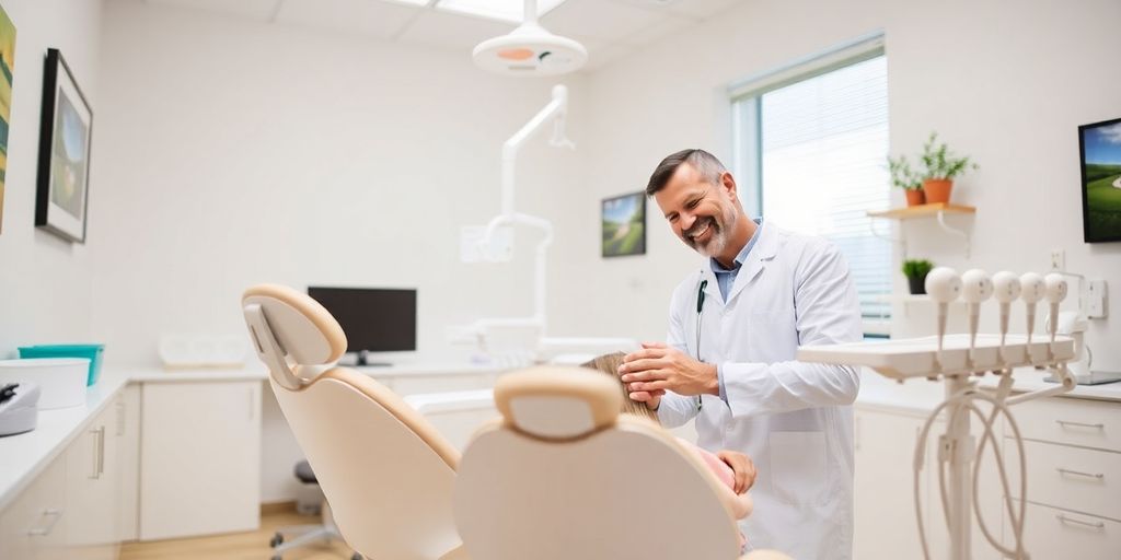 Friendly dentist and patient in a bright dental office.