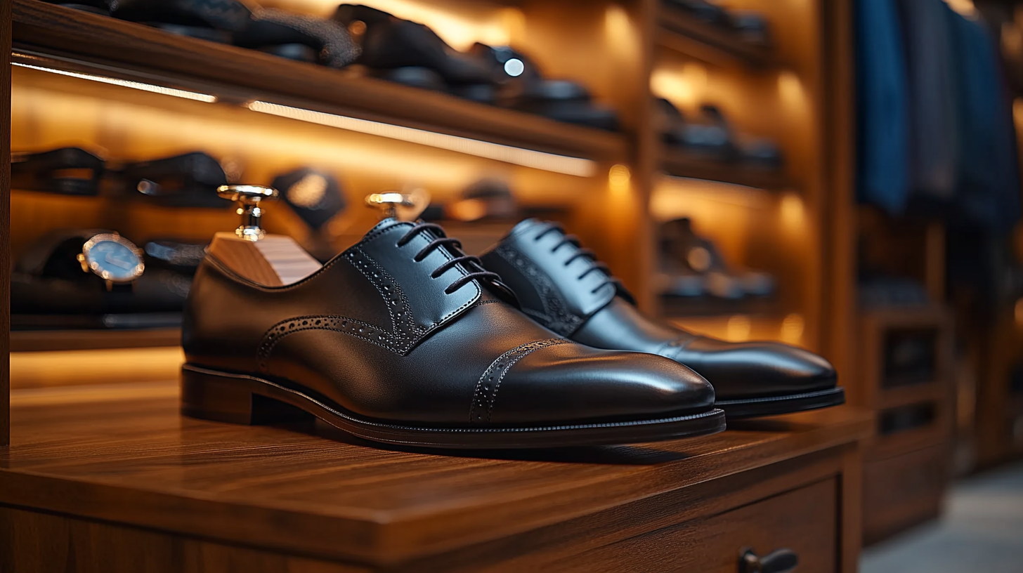 A pair of polished black leather Oxford shoes displayed elegantly inside a luxurious men's closet. The shoes rest on a premium wooden shelf, surrounded by neatly arranged accessories like leather belts, silk ties, pocket squares, and designer watches. The warm lighting casts a refined glow, emphasizing the sleek and formal appeal of the shoes. Ultra-detailed, hyper-realistic, cinematic lighting, high-end fashion photography, luxury men's wardrobe aesthetic.