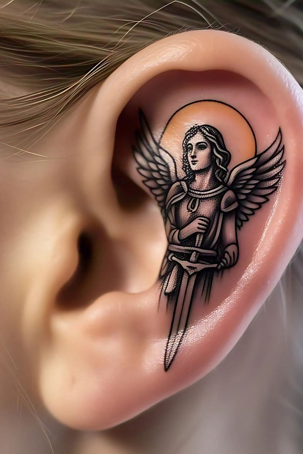 Saint Michael Tattoo on the Ear or Behind the Ear
