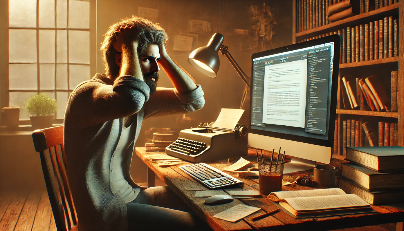  A stressed writer sitting at a cluttered wooden desk, gripping his head while looking at a computer screen filled with text. The dimly lit room features a vintage typewriter, stacks of books, and warm lighting from a desk lamp, creating an old-world literary atmosphere