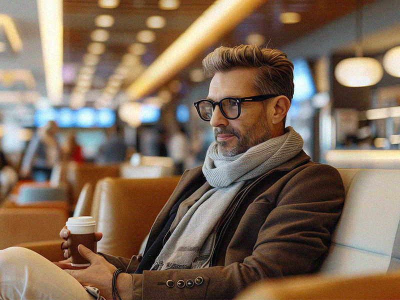 A man sits in a cozy lounge at Johannesburg's O.R. Tambo Airport, enjoying a cup of coffee. He is wearing a dark coat, light scarf, and glasses, with styled hair. The lounge is busy, with other travelers relaxing, and lights illuminating the seating areas. Hanging out in these lounges is one of the popular things to do during a layover at this airport.