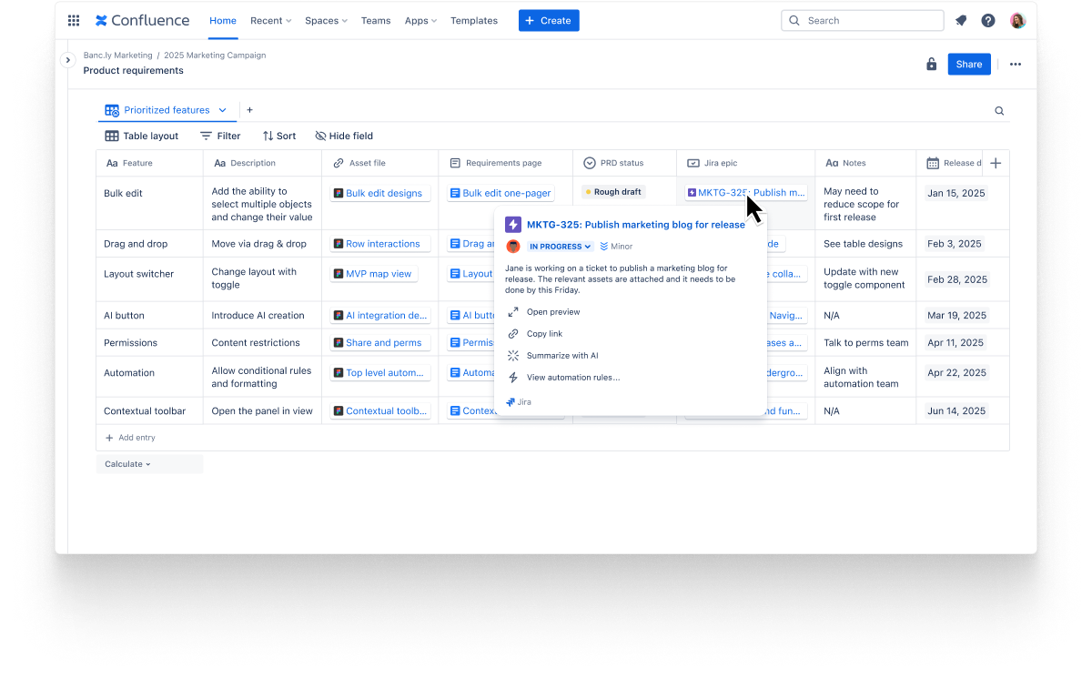 Table view of an internal knowledge base built using Confluence