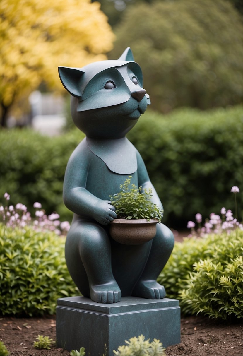 A variety of garden sculptures are strategically placed throughout the front landscape, adding visual interest and a touch of whimsy to the overall design