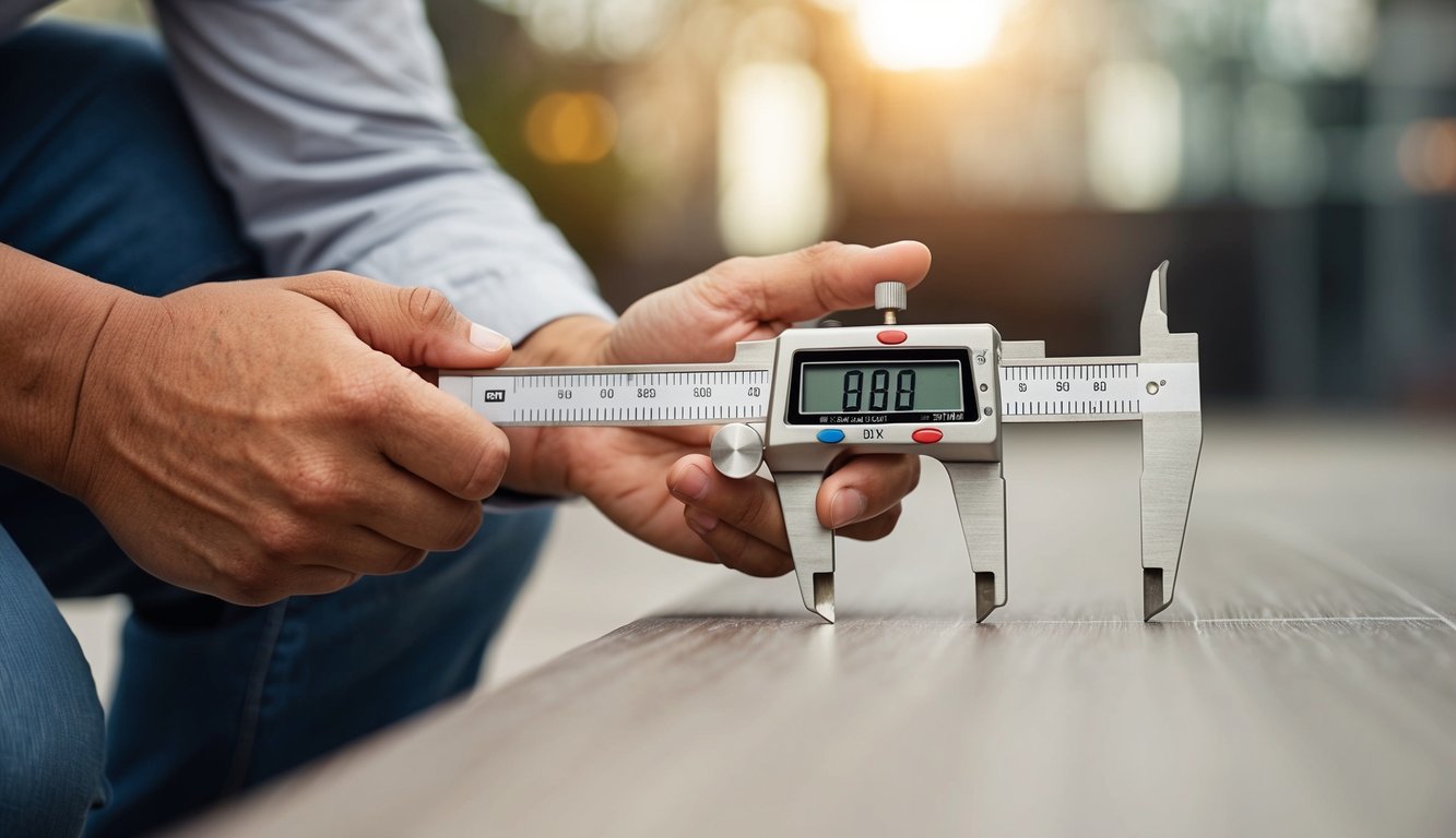 A person using a caliper to measure the thickness of SPC flooring
