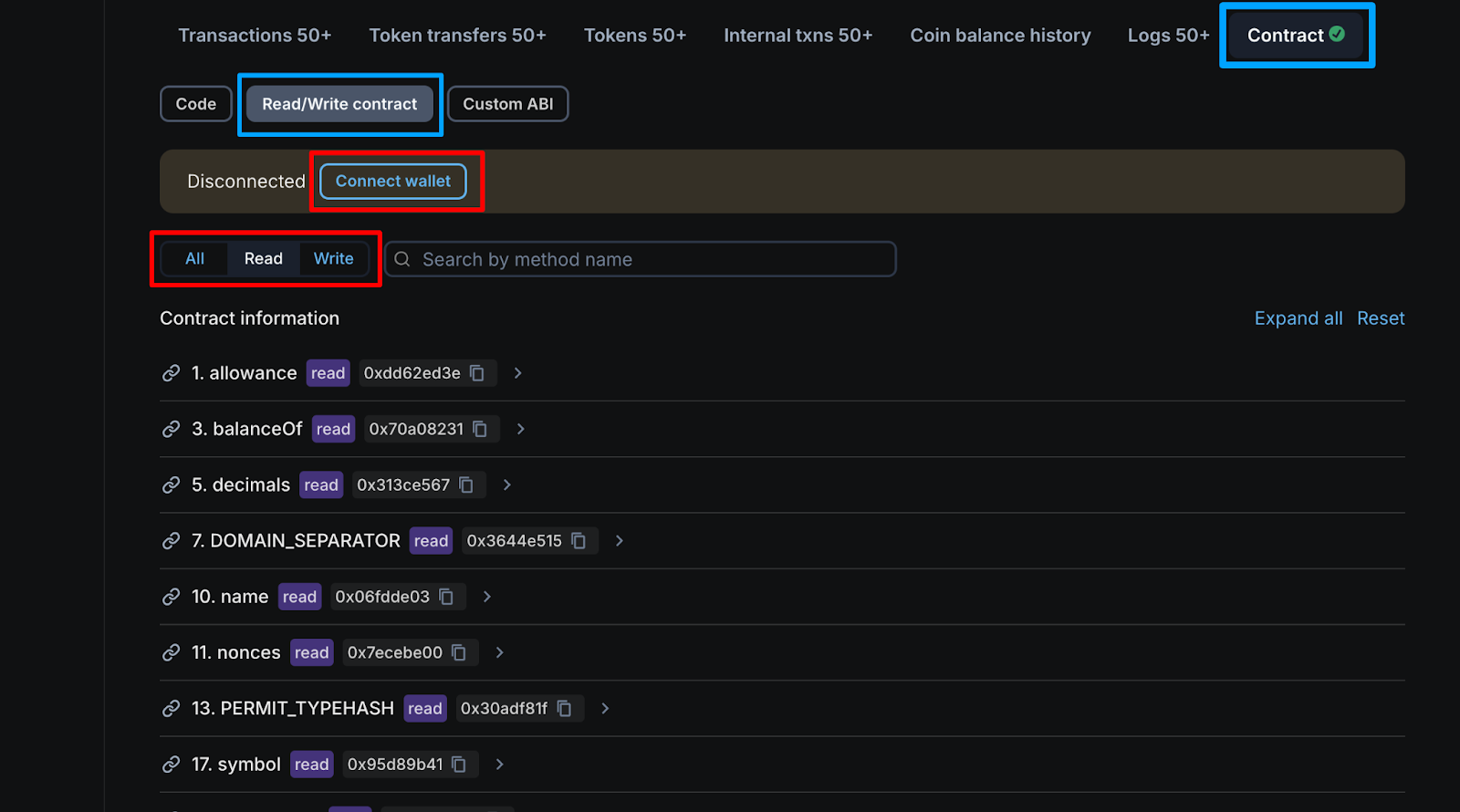 The read-and-write methods on Blockscout