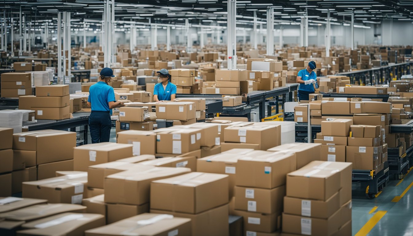 A bustling Amazon fulfillment center with workers sorting and packaging products, labeled with NAICS codes