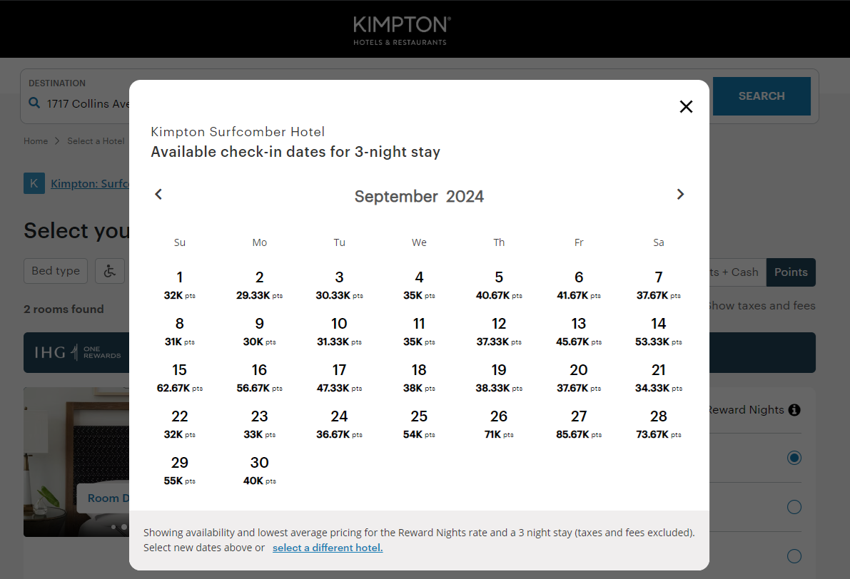 September Kimpton Surfcombe booking price calendar for points