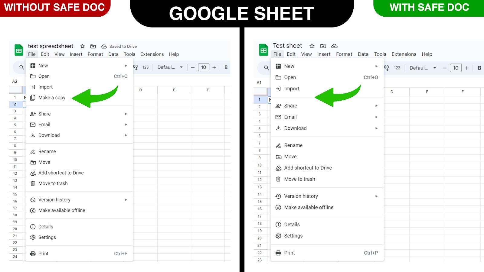 Safe Doc removes the Make a Copy option in Google Sheets