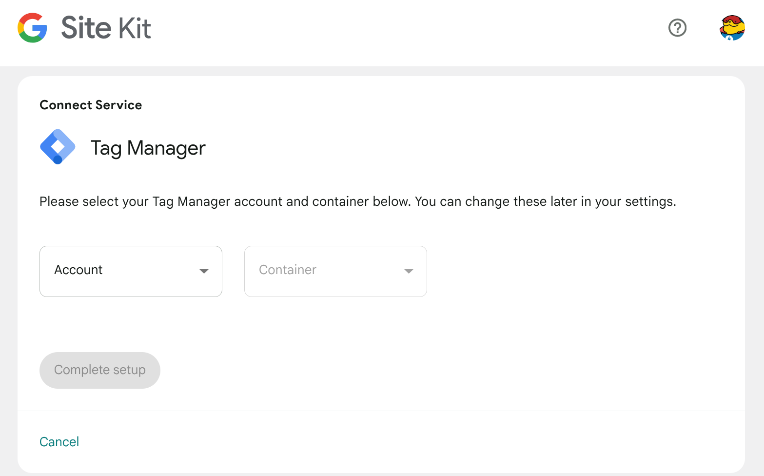 The selection for your Tag Manager account and container