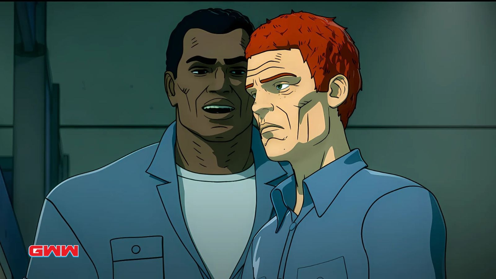 Titus Welliver’s character with John Marshall Jones in Watchmen animated series