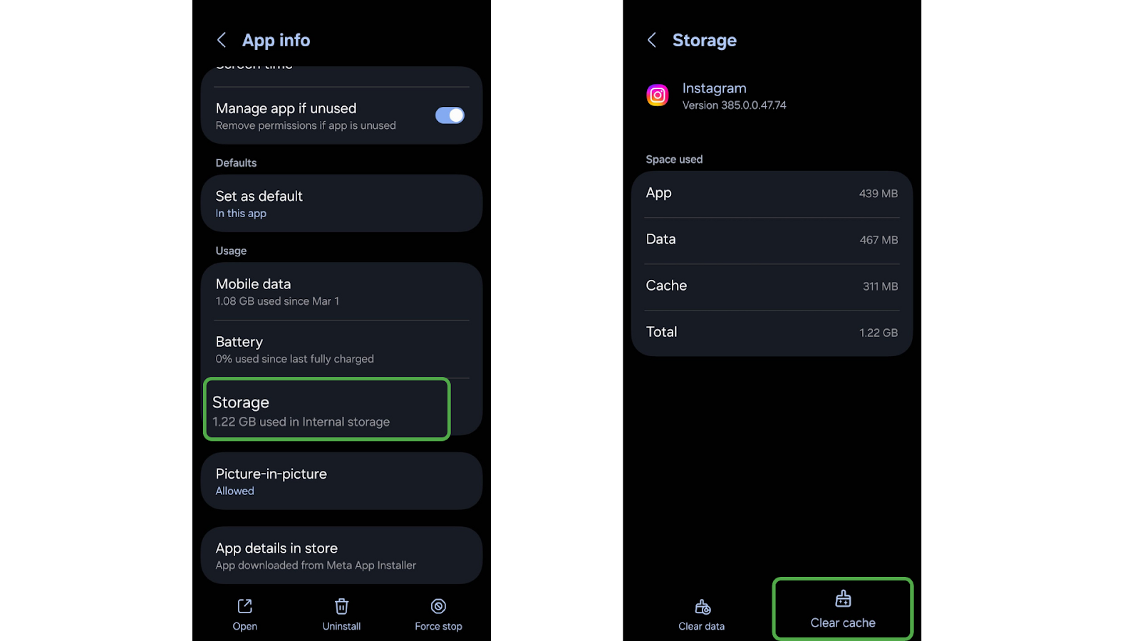 (On the left) Screenshot of the Apps info interface on Android 15 with the "Storage" button highlighted; (On the right) Screenshot of the Instagram storage settings interface on Android 15 with the "Clear cache" button highlighted