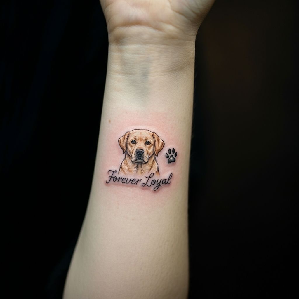 Labrador with a paw print and a quote
