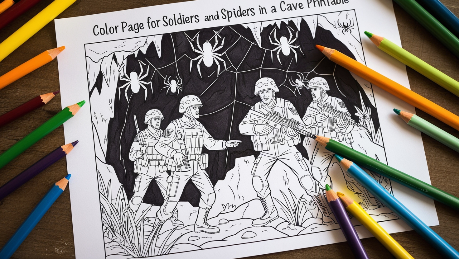 ﻿Color Page for Soldier and Spider in Cave Printable Free