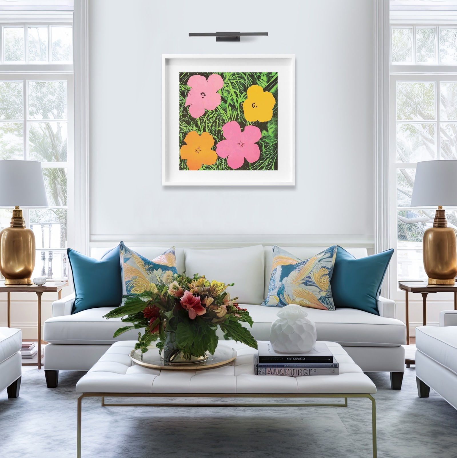 A signed Warhol print, Flowers hangs on a living room wall. This Andy Warhol signed print value remains high on the resale market.