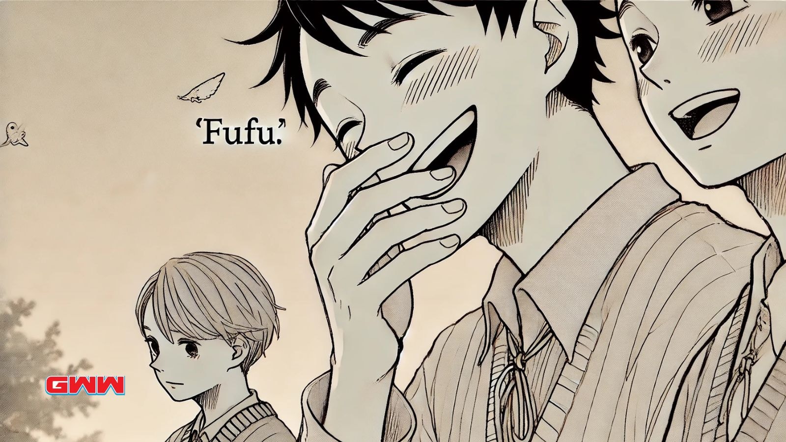 Character laughing with hand over mouth saying "fufu" manga-style expression