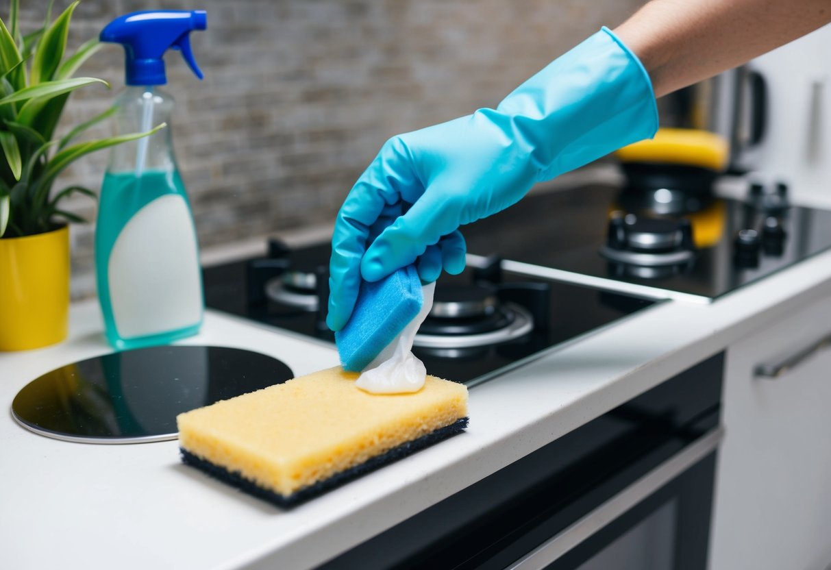 A sponge, oven cleaner, and gloves are needed. The oven is being cleaned with a scrubbing brush and foam