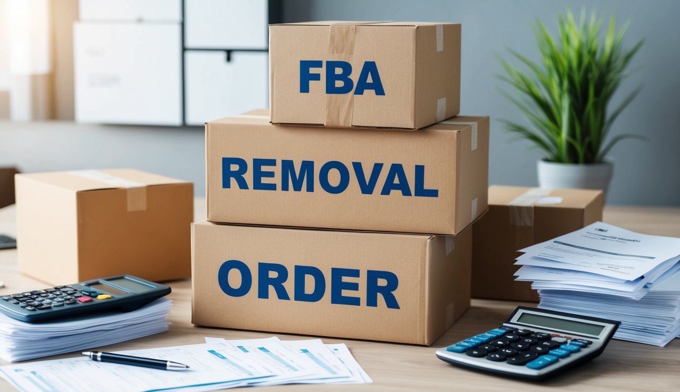 A pile of boxes labeled "FBA Removal Order" surrounded by a stack of invoices and a calculator on a cluttered desk