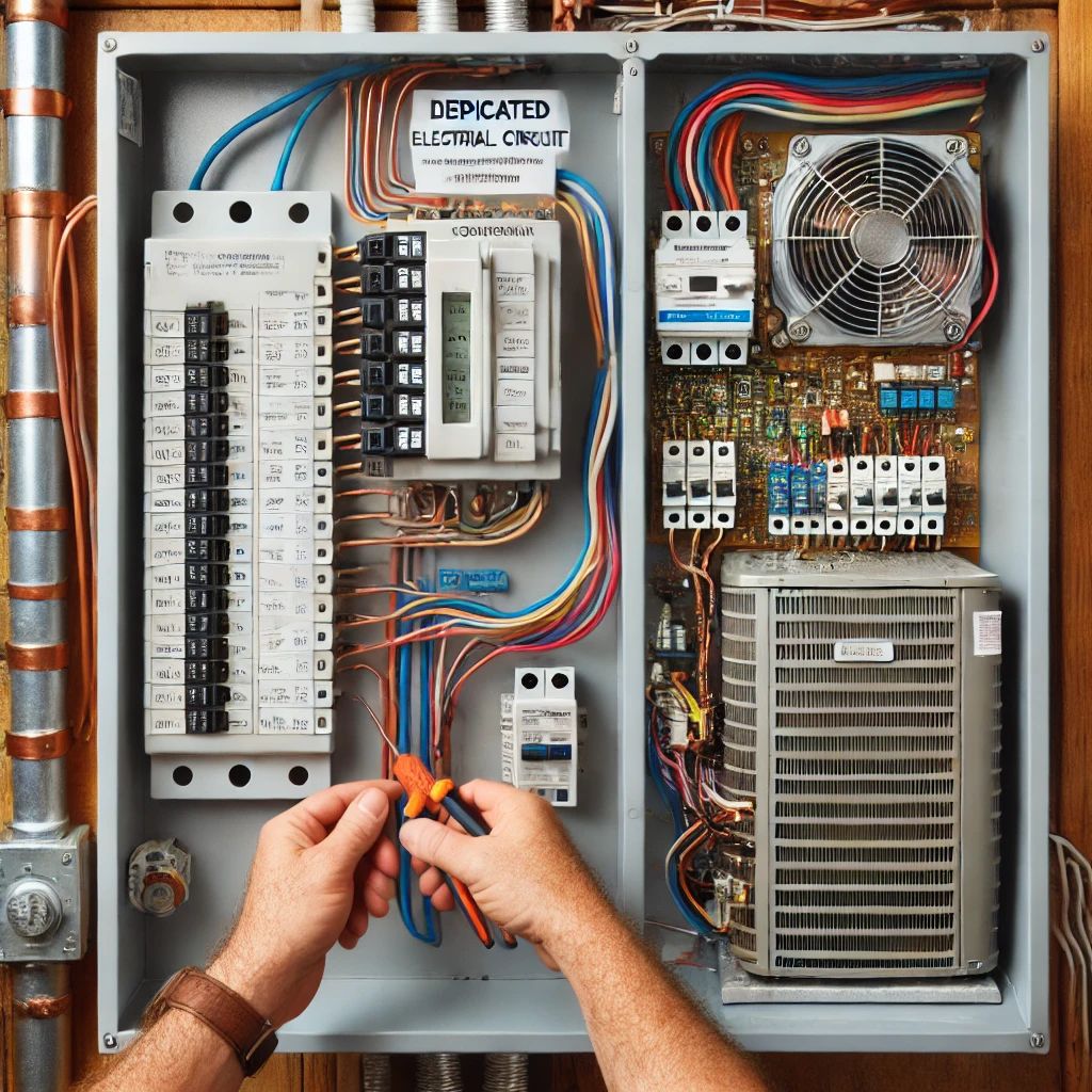 240V circuit breaker panel labeled “AC CONDENSER” with fusible disconnect mounted nearby.