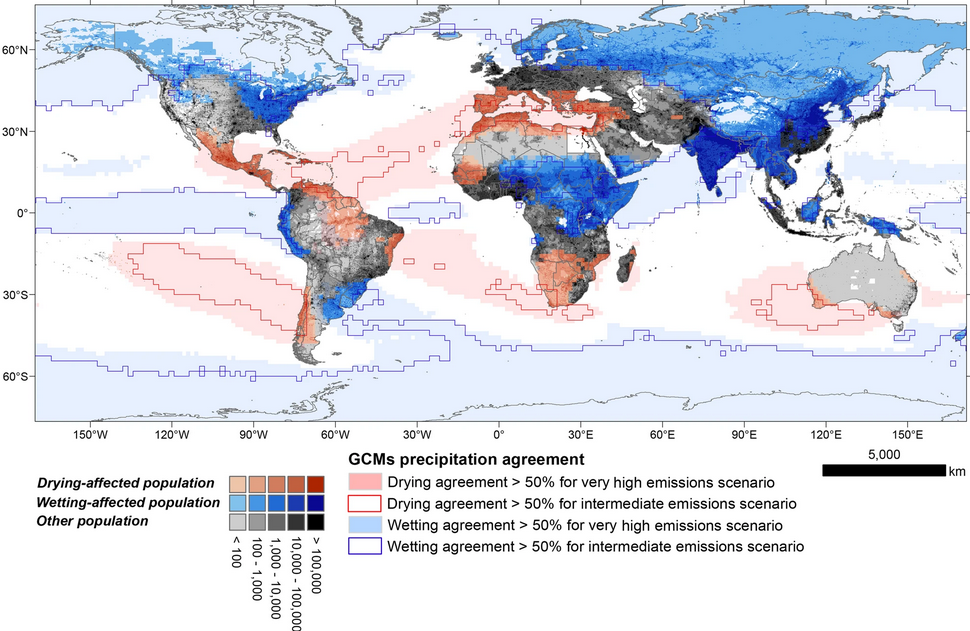 Population Affected by Global Warming-induced Wetting and Drying Conditions, Source: Trancoso, R., Syktus, J., Allan, R. P., Croke, J., & Chadwick, R. (2024). Significantly wetter or drier future conditions for one to two–thirds of the world’s population 